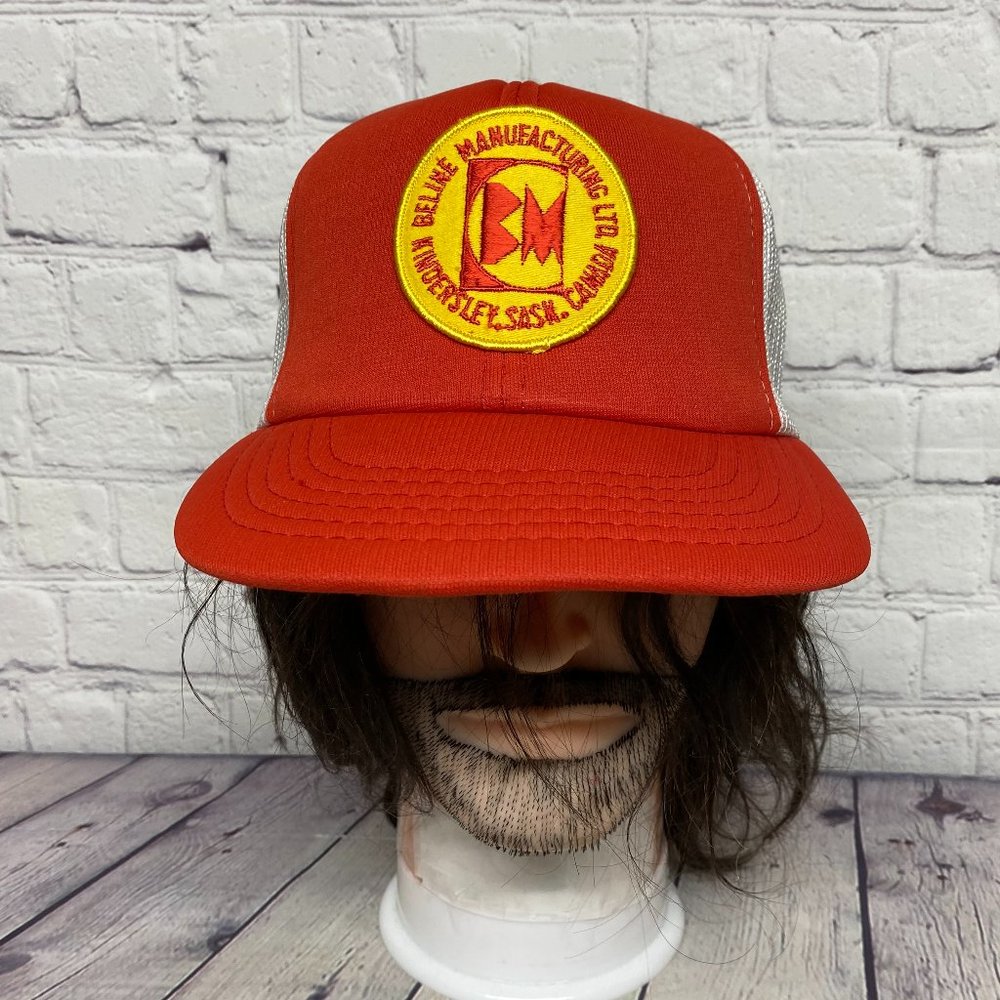 Vintage Trucker Hat Mesh Cap Snapback Orange White BELINE Manufacturing Patch